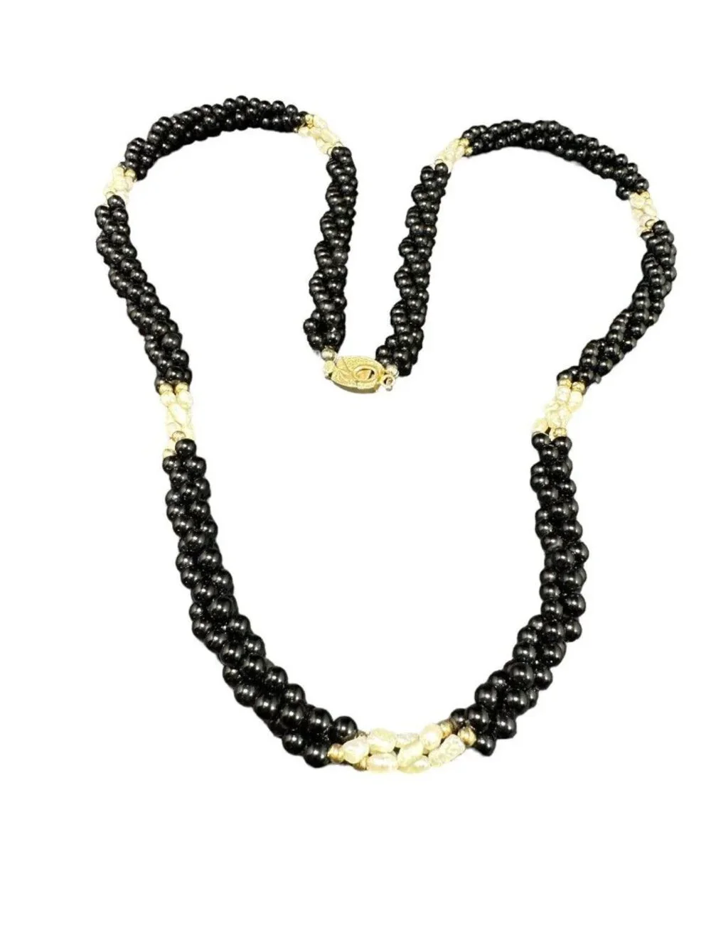 Vintage Necklace Gold Filled Freshwater Pearl And Black Onyx Three Strand Beads
